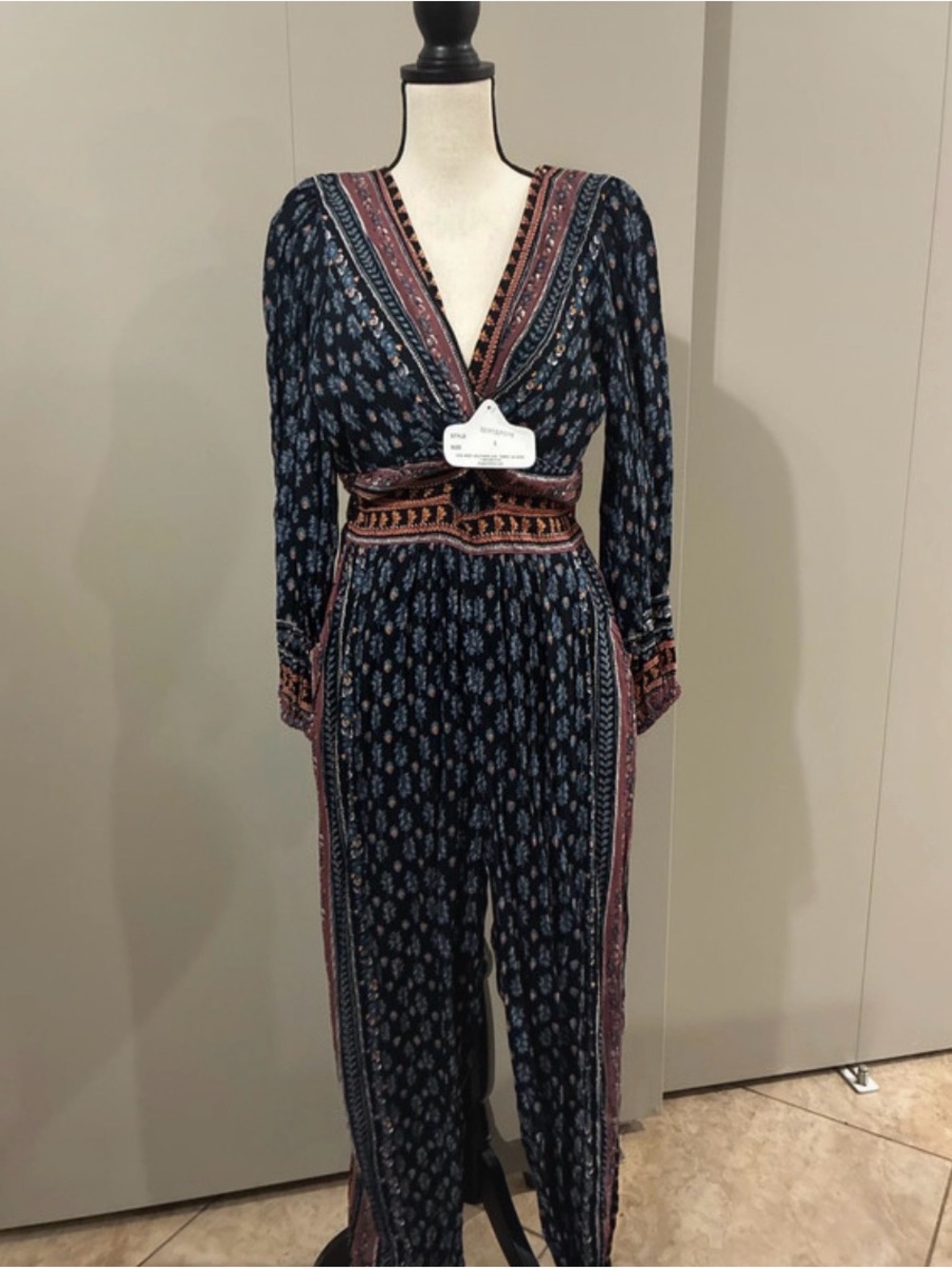 Angie Navy Floral Wrap Jumpsuit with Rust Accents
